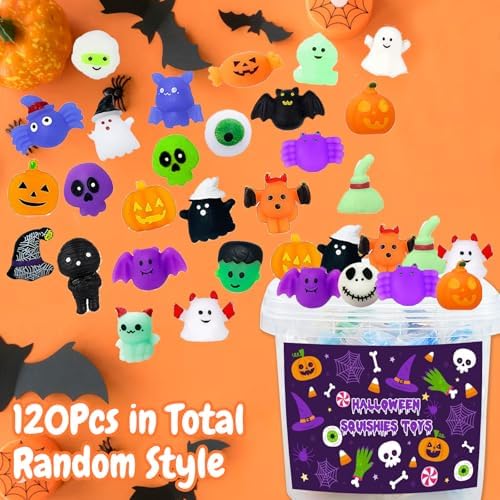 Halloween Party Favors, 120Pcs Squishies Toys for Kids, Mochi Squishy Bulk, Kawaii Mini Squeeze Toys for Halloween Treat, Goodie Bag Stuffers for Boys Girls(Random)