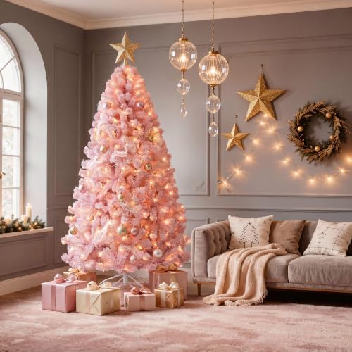 DWVO 7.5ft Pre-lit Pink Christmas Tree, 1346 Branch Tips and 550 Lights