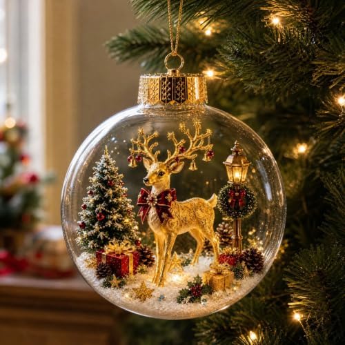 12PCS Glowing Christmas Ornaments - Mini Gold Light-Up Christmas Ball Ornaments - Christmas Tree Ornament with Warm LED Light for Tree Mantel, Holiday Scene Decoration & Gift