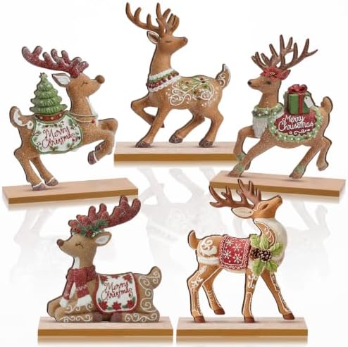 RattanView 5 Pcs Gingerbread Christmas Table Decorations Wooden Ginger Bread Reindeer Decor Christmas Centerpiece Ginger Bread Village Xmas Reindeer Tiered Tray Home Decor with Base for Party