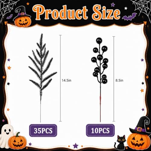 45 Pcs Halloween Black Norfolk Pine Branches, Faux Black Stems Centerpieces