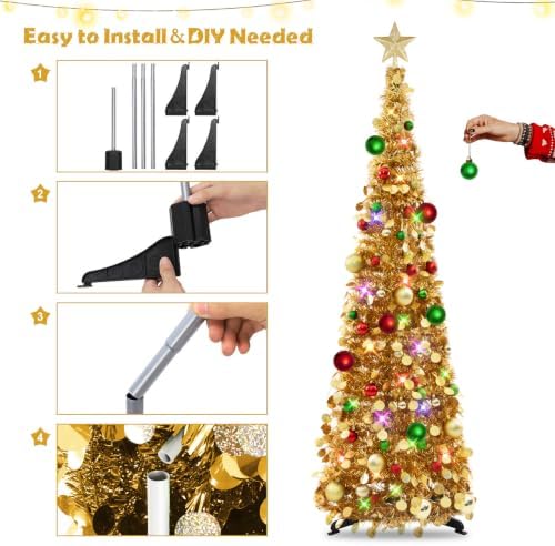 Pop Up Christmas Tree with Lights & Ornaments, 5FT, Champagne Gold