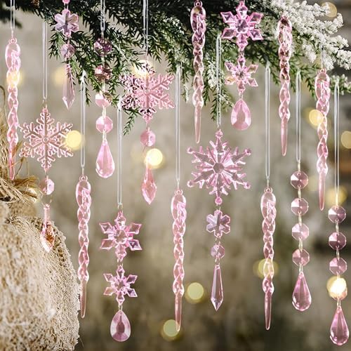 Crystal Christmas Tree Ornaments, Pink Acrylic Snowflake & Icicle, 32pcs