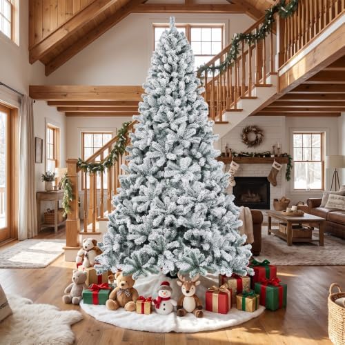 HAPPYGRILL 9 FT Flocked Christmas Tree Artificial Xmas Tree with 1498 PVC Branch Tips, Hinged Xmas Tree Life-Like Seasonal Holiday Tree for Home Office