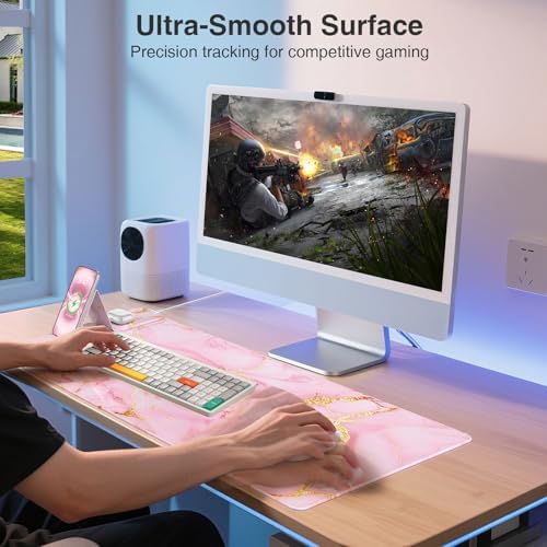 Wireless Charging Mouse Pad with Phone Holder, 31.5"x15.8" in, Pink Marble