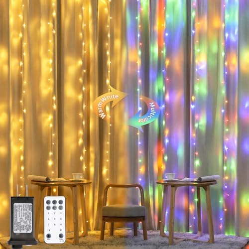 JMEXSUSS 300LED Dual Color Changing Curtain Lights, Plug in, 9.8 x 9.8ft