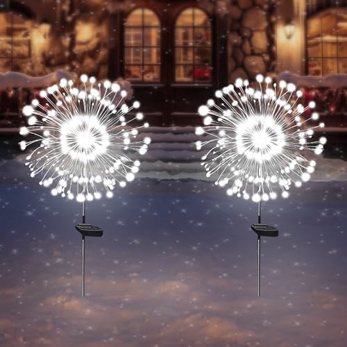 Solar Garden Lights Solar Firework Light Outdoor Waterproof 2 Pack Solar Powered Art Stake Twinkle Lights Outside Decor 180 LED Sparklers String Light for Yard Pathway Christmas Decorations (White)