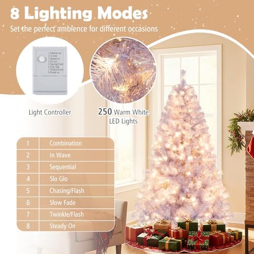 HAPPYGRILL 6 FT Pre-lit Tinsel Christmas Tree Artificial Xmas Tree with 250 LED Lights, 8 Modes, 688 Lavender Purple Branch Tips, Folding Metal Stand, Seasonal Holiday Tree for Home Office Party