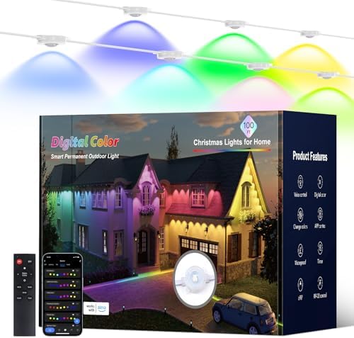 Permanent Outdoor Lights, 100ft with 60 RGB LED Lights for Christmas and Daily, 49 Scene Modes+DIY for Christmas Decor, IP66 Waterproof for Outdoor, Compatible with Alexa, Google Assistant