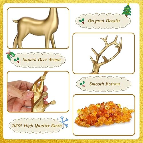 Thyle 4 Pcs Christmas Reindeer Decor Indoor Small Gold Resin Deer Figurine