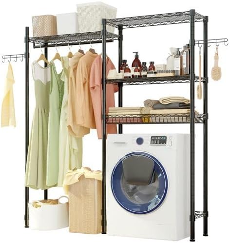 Washer and Dryer Storage Shelf - 3-Tier Metal Garment Rack with Hanging Rod & Net Basket Space Saving Laundry Organizer for Closet Bathroom Adjustable Height