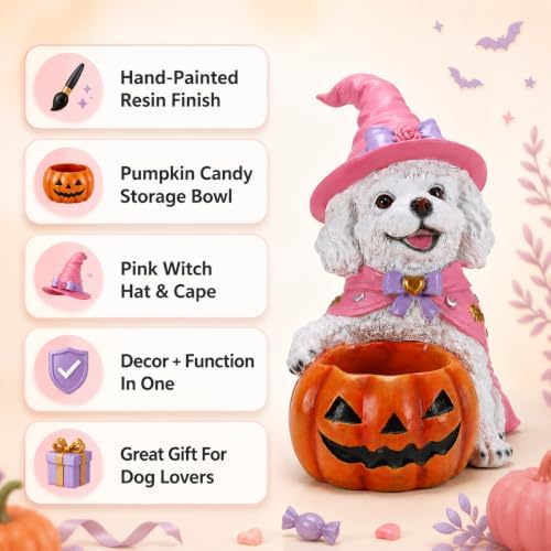 Halloween White Poodle Dog Candy Holder, Pumpkin Candy Bowl