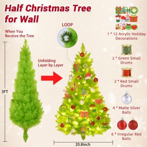 3 FT Wall Christmas Tree, Lime Green Half Christmas Tree Hanging, DIY 1/2 Chrismas Tree for Window with Lights, Ornaments and Hooks, Hainging Xmas Tree for Door, Pet Owners Xmas Decor