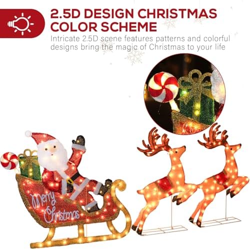 Hykolity 2.5D Santa Sleigh Ride Iron Outdoor Christmas Decoration, 170 Warm White LEDs with UL Transformer, Stained-Glass Fabric Figures Yard Decor