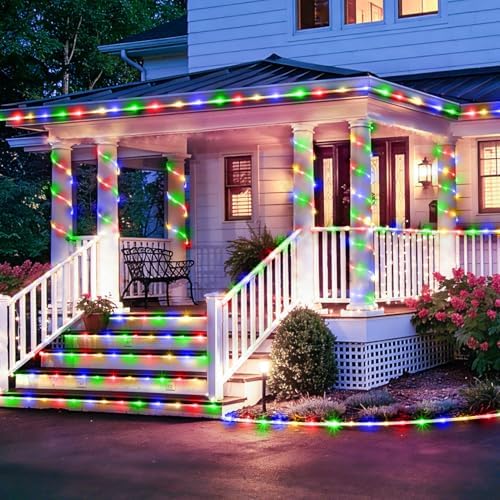 KNONEW Solar Rope Lights Outdoor 300LED 50FT Solar String Lights Outside Waterproof with Modes Clear Thin Tube for Pool Tree Patio Garden Fence Camping Yard Deck Trampoline（Multicolor）