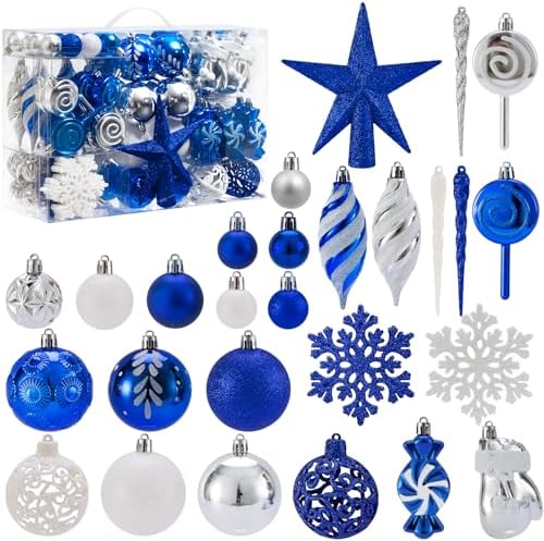130 Pcs Blue, Silver & White Christmas Ball Ornaments, Shatterproof