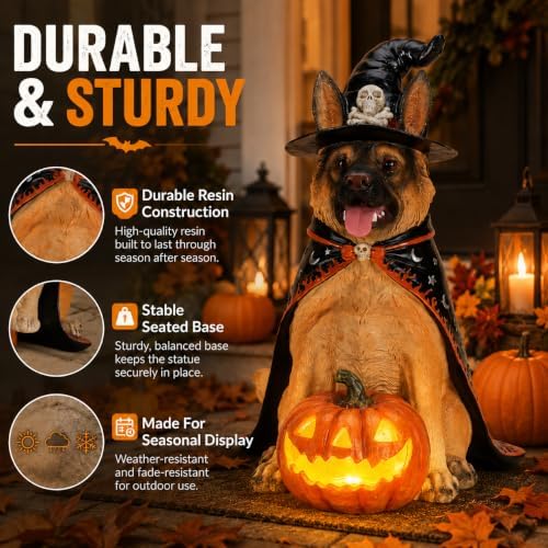 Halloween Large German Shepherd Statue with Glowing Pumpkin, Entrance Decor