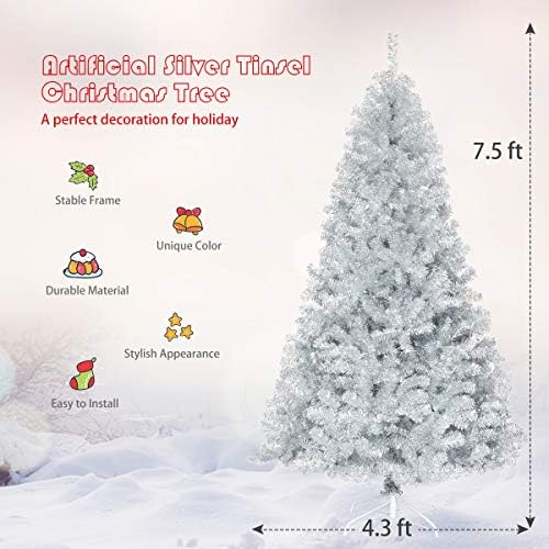 Happygrill 7.5 FT Christmas Tree Silver Tinsel Xmas Tree with 1258 Branch Tips Metal Stand Artificial Hinged Christmas Tree for Indoor and Outdoor