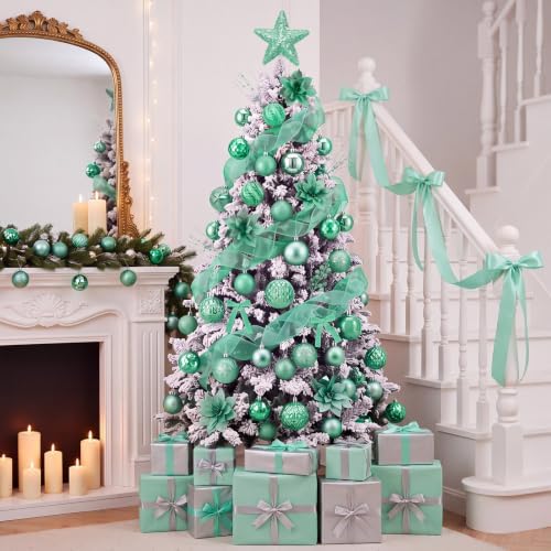 89 Pcs Christmas Tree Decorations Star Topper Ornaments Artificial Poinsettia Flowers Green Ball Velvet Bow Berry Picks Christmas Tree Hanging Ornaments for Xmas Home Office Decorations