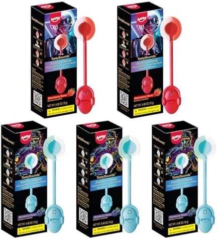 Amos TastySounds Audio Music Lollipops - Singing Lollipop Candy Suckers Party Favors - 5-Pack w/ 2x Strawberry! 3x Blueberry