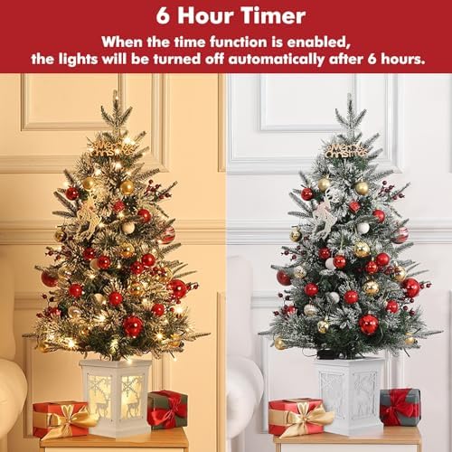 3FT Pre-Lit Artificial Mini Christmas Tree, Small Flocked Christmas Trees