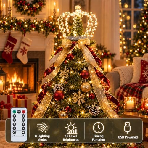 Christmas Tree Topper Star 60 LED Jeweled Crown with Remote USB Xmas Decor