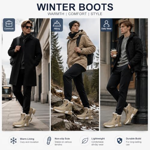 Men's Winter Warm Snow Boots Waterproof Zip‑Up Fur‑Lined Ankle Booties Anti‑Slip Outdoor Footwear for Hiking Commute & Daily Leisure