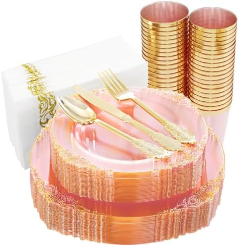 Hioasis 175 Pcs Pink Gold Plates for Party