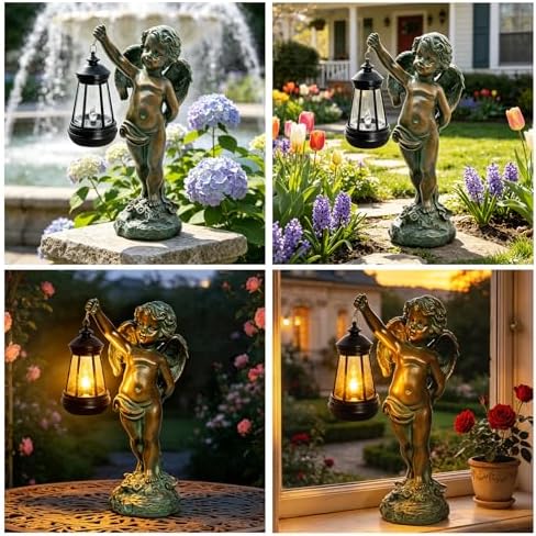 Solar Angel Garden Statues, Outdoor Angel Solar Hanging Lights Waterproof, Birthday Gifts for Mom Women Mother's Day, Cupid Boy Garden Figurines for Yard Decor Patio Porch Lawn Ornaments