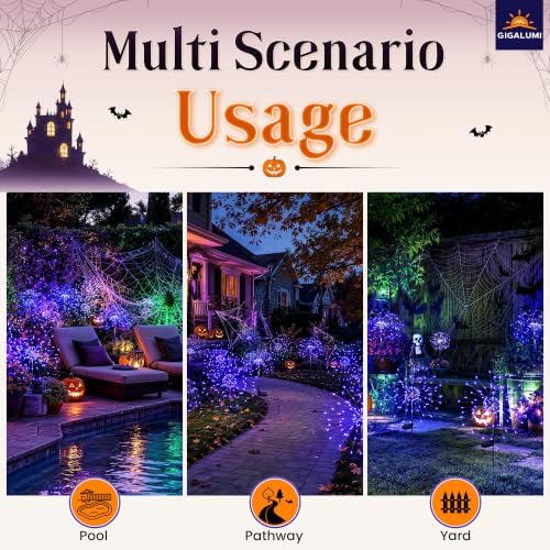 GIGALUMI 4 Pack Solar Firework Lights Outdoor, Halloween Decor, Purple