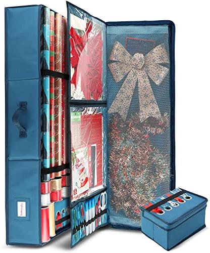 Hearth & Harbor Wrapping Paper Storage Container - Christmas Storage Bag with Ribbon Dispenser and Interior Pockets - Gift Wrap Organizer Fits Up to 26 Rolls of 40" Length, Blue
