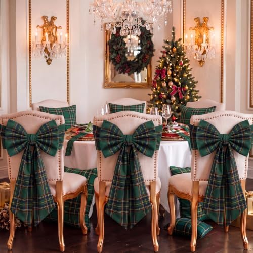 Thiccywoov 4 Pcs Christmas Chair Bows Decorations 25 x 14 in, Green Tartan