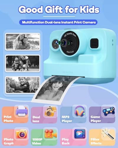 Dylanto Kids Camera Instant Print,1080P Kids Instant Cameras that Print Photos,Christmas Birthday Gifts for Girls Age 3-12,Portable Toy for 3 4 5 6 7 8 9 10 Year Old Girls Boys-Blue