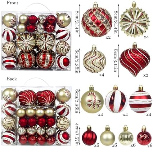 48 Pcs Christmas Balls Ornaments for Christmas Tree, Painted Shatterproof Plastic Decorative Baubles Hanging Ornaments for Xmas Tree Wreath Holiday Party Wedding Decoration, Gold Red