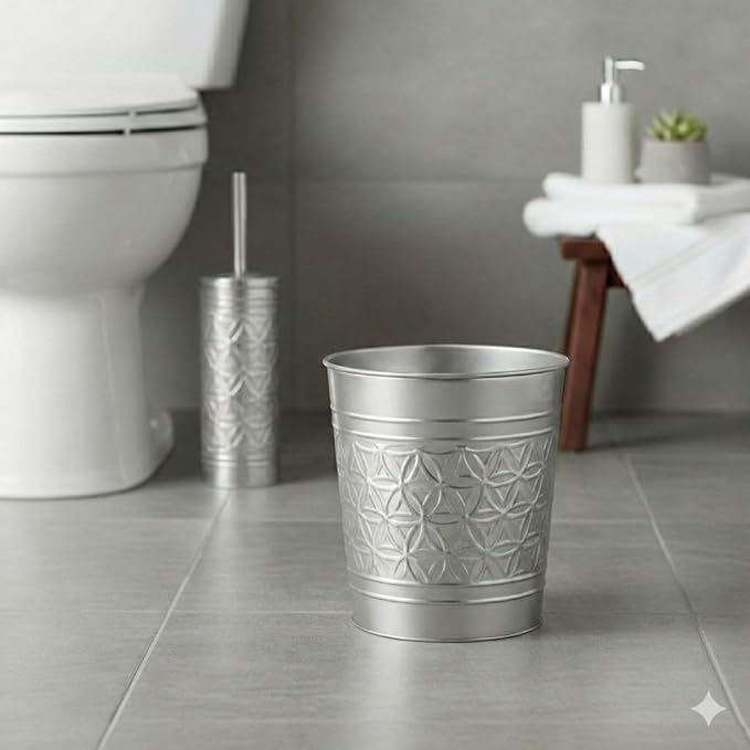 Autumn Alley Brushed Nickel Bathroom Trash Can and Toilet Brush Set – 2-Piece Silver Metal Bathroom Accessories Set, Modern Farmhouse & Transitional Bathroom Decor