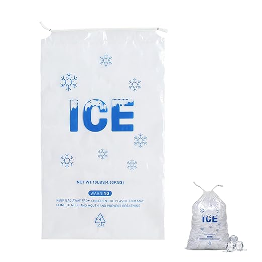 100 PACK 10 lb. Plastic Ice Bags with Cotton Draw String 12 x 21" | Heavy-Duty Plastic Ice Storage Bags with Draw String (2mil Thickness)