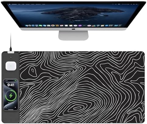 Mouse Pad with Wireless Charging, Large Desk Mat, Black Topographic Map #1
