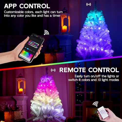 White 3ft Christmas Tree with Lights, Small 36inch Artificial Tree Mini Table Top Decorations, Xmas Desk Tree with 80 Colored Lights, 200 Branch, Holiday Decor for Home,Indoor Office Tabletop