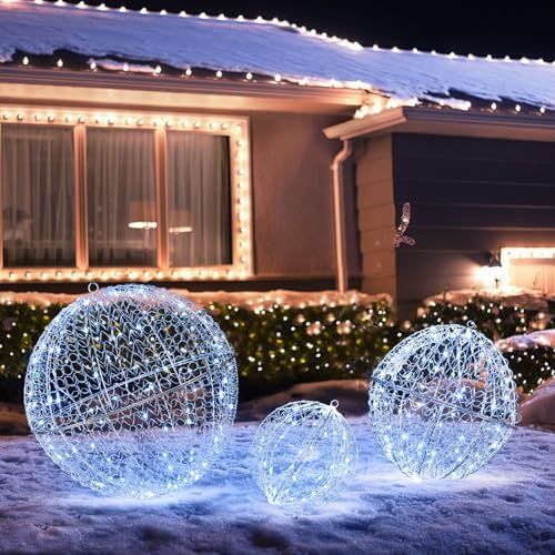 Tangkula 3 Pack Christmas LED Light Balls for Tree, Metal Sphere Lights
