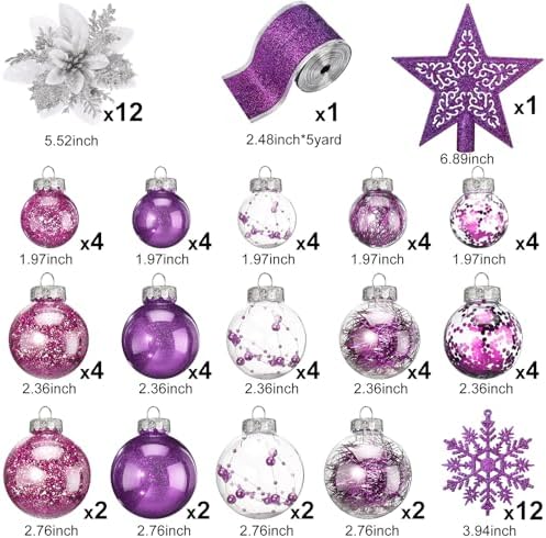 Jenaai Purple 74 Pcs Christmas Ball Ornaments Tree Decorations