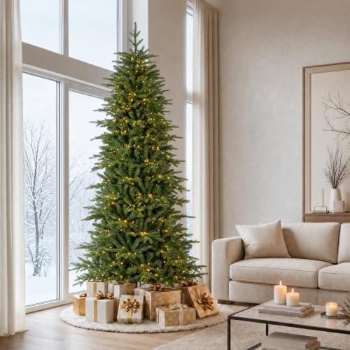 Glitzhome Prelit Artificial Christmas Tree, 9ft Realistic Christmas Tree Radiant Slim Evergreen with 1,850 Warm White & Multi-Color Chasing and Twinkling Lights, 9 Function w/Foot Pedal, Simple Setup