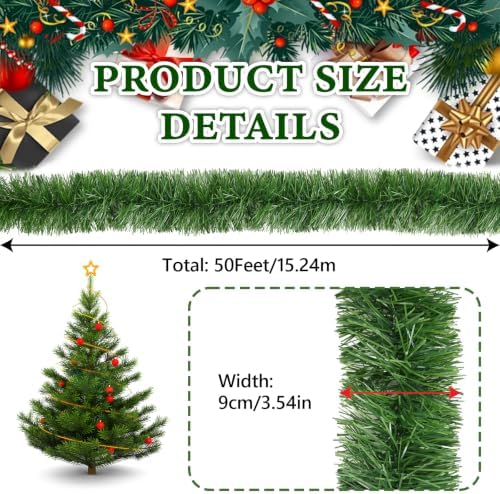 50FT Green Christmas Garland Decorations, Christmas Artificial Pine Greenery Garland Outdoor Indoor Decor, Straight Faux PVC Soft Garland for Stairs Railing Fireplace Window Mantle Home Party Decor