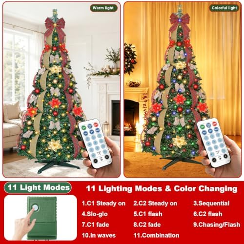6 Ft Pop up Tree Pre-Lit Christmas Trees, Pop up Christmas Tree 200 LED Collapsible Christmas Tree Plug-in with Remote Timer 8 Lighting Modes for Outdoor Indoor Party Christmas Decor