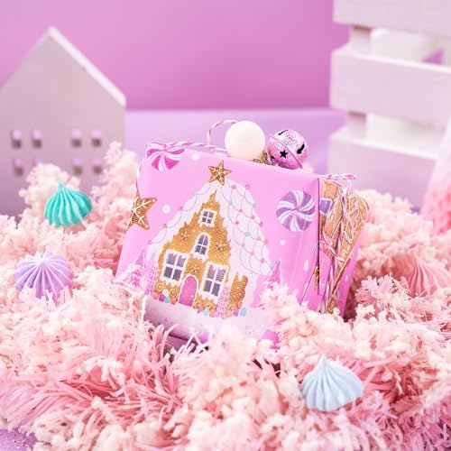 WRAPAHOLIC 30 Inch Jumbo Reversible Gingerbread Christmas Wrapping Paper - 30 Inch x 100 Feet Jumbo Roll Pink Gingerbread House and Snowflake with Embossed for Christmas, Holiday, Party Celebration