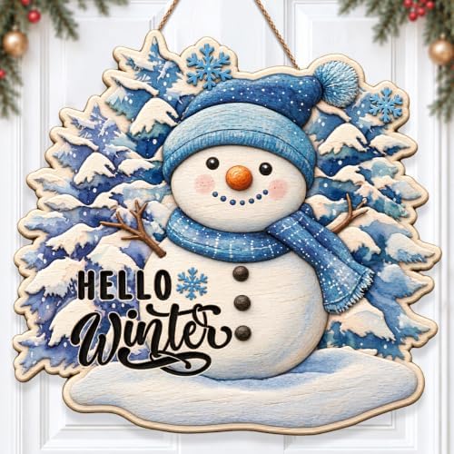 Christmas Snowman Decorations Hello Winter Hanging Wooden Door Sign