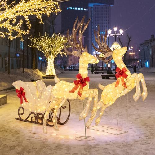 Tangkula 3-Piece Christmas Lighted Reindeer & Sleigh Set, Gold