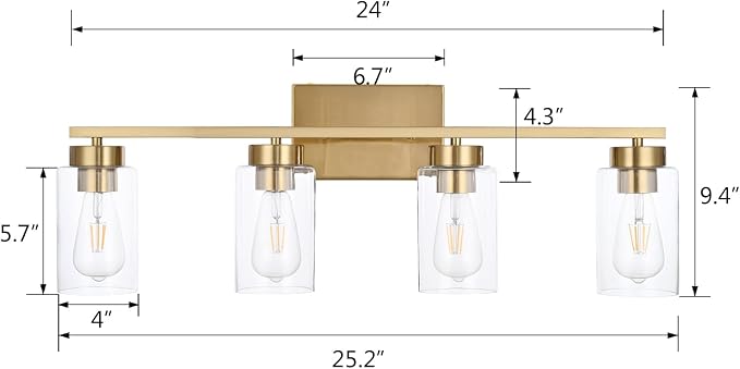 4 Light Bathroom Vanity Light Fixtures, Brushed Brass Modern Wall Lights with Clear Glass Shade, Vintage Wall Sconce Lighting for Living Room, Mirror, Bedroom, Hallway (Gold, 4-Lights)