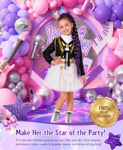 Girls Halloween Costume, Pop Singer Costume, Sequin Jackets Skirts with Purple Braid for Birthday Party, 4-12 Years