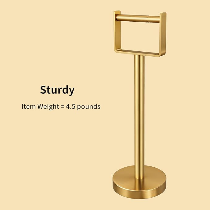 YUMORE Toilet Paper Holder Free Standing, Stainless Steel Toilet Paper Stand, Weighted Base Floor Tissue Roll Holder for Bathroom,Gold 200UP