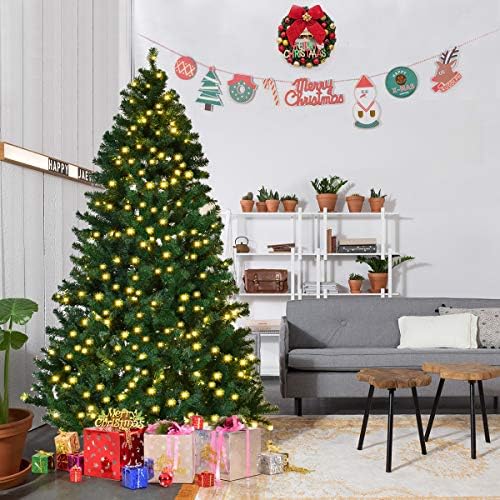 HAPPYGRILL 7FT Pre-lit Christmas Tree Artificial Hinged Xmas Tree for Home Holiday Décor Metal Stand PVC Material 300 LED Lights 1096 Branches Easy Setup & Storage